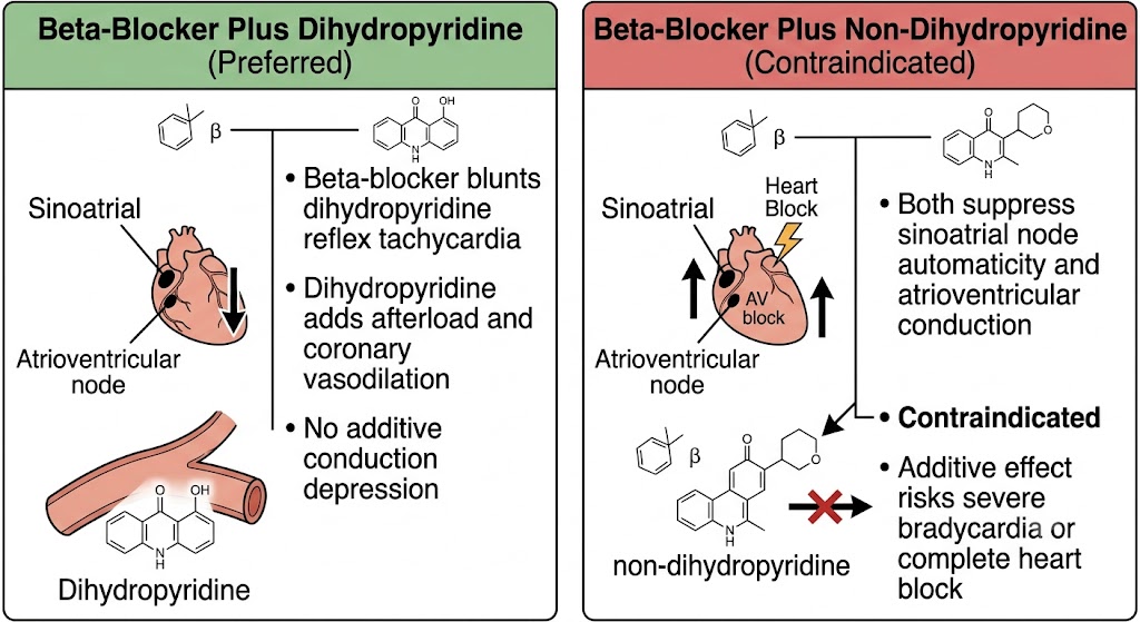 A two-panel diagram contrasting the preferred combination of a beta-blocker with a dihydropyridine against the contraindicated combination of a beta-blocker with a non-dihydropyridine, with the mechanism for each.