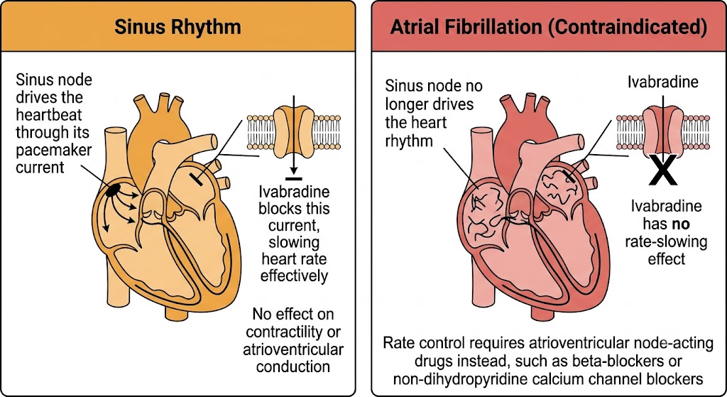 A two-panel diagram showing that ivabradine effectively slows heart rate in sinus rhythm by blocking the sinus node pacemaker current, but has no effect in atrial fibrillation because the sinus node is no longer driving the rhythm.