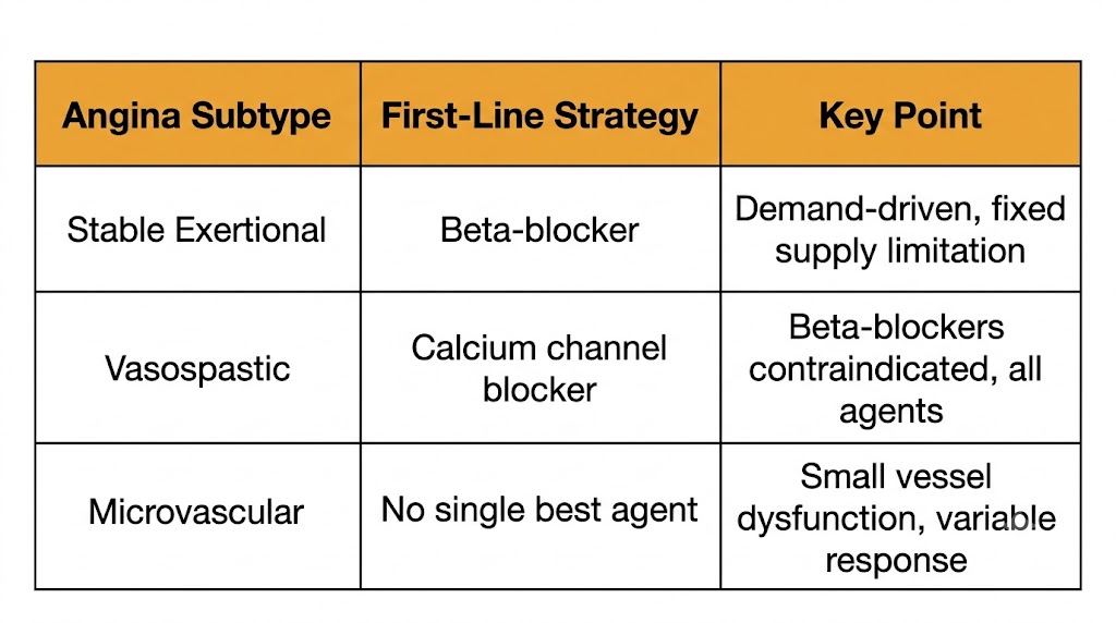 A reference table showing first-line strategy and key points for the three angina subtypes: stable exertional, vasospastic, and microvascular.