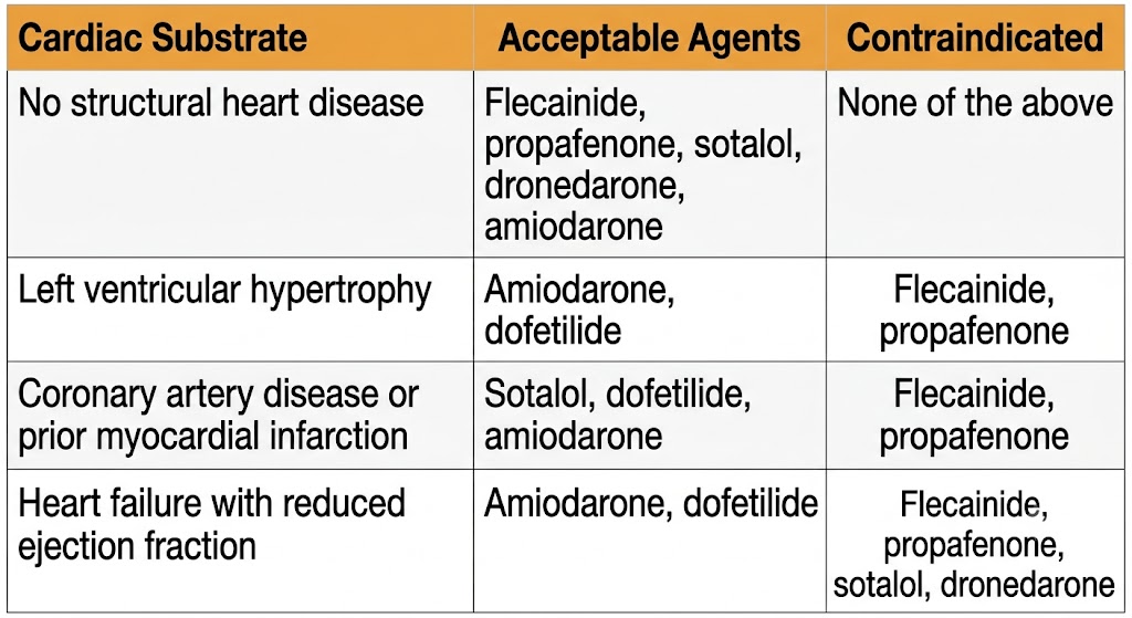 Reference table showing antiarrhythmic drug selection for atrial fibrillation rhythm control by cardiac substrate, with four rows covering no structural heart disease, left ventricular hypertrophy, coronary artery disease or prior myocardial infarction, and heart failure with reduced ejection fraction, listing acceptable and contraindicated agents for each.