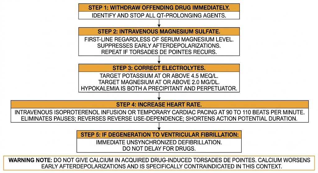 Five-step torsades de pointes acute management protocol showing withdraw drug, intravenous magnesium, correct electrolytes, increase heart rate, defibrillate if ventricular fibrillation, with calcium warning note.