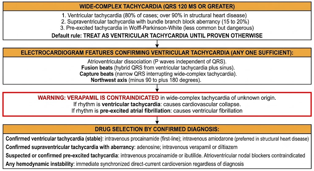 Wide-complex tachycardia management flow diagram showing default ventricular tachycardia diagnosis, electrocardiogram confirmation features, verapamil contraindication warning, and drug selection by confirmed diagnosis.