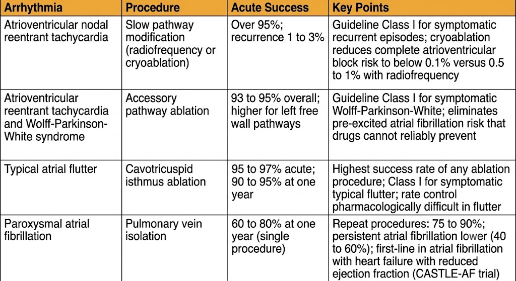 Reference table comparing catheter ablation outcomes for four arrhythmia types showing procedure, acute success rate, and key points for atrioventricular nodal reentrant tachycardia, atrioventricular reentrant tachycardia, typical atrial flutter, and paroxysmal atrial fibrillation.