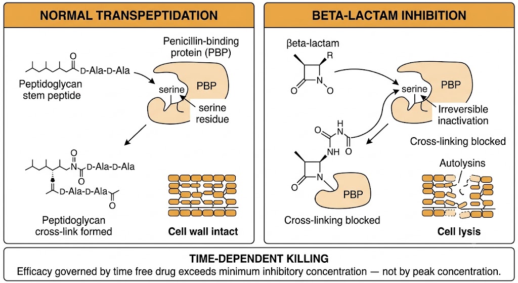 Two-panel diagram comparing normal transpeptidation — peptidoglycan stem peptide binding to penicillin-binding protein active-site serine forming a cross-link — with beta-lactam inhibition, showing covalent acylation of the serine residue, blocked cross-linking, autolysin activity, and resulting cell lysis. Shared rule box states efficacy is time-dependent.