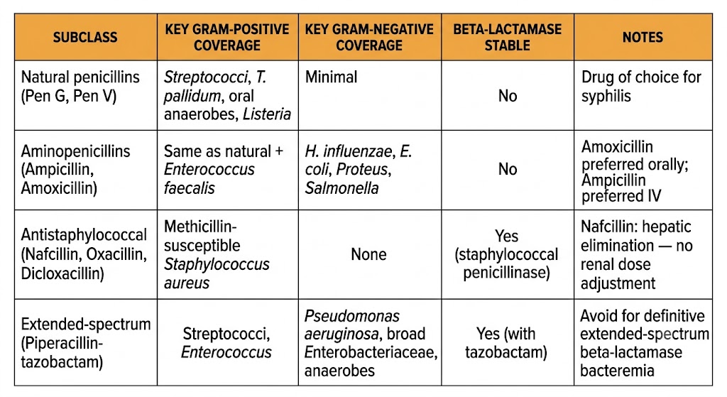 Reference table comparing penicillin subclasses by gram-positive coverage, gram-negative coverage, beta-lactamase stability, and clinical notes across natural penicillins, aminopenicillins, antistaphylococcal penicillins, and piperacillin-tazobactam.