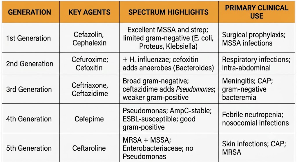 Reference table summarizing cephalosporin generations 1 through 5 with key agents, spectrum highlights, and primary clinical uses.