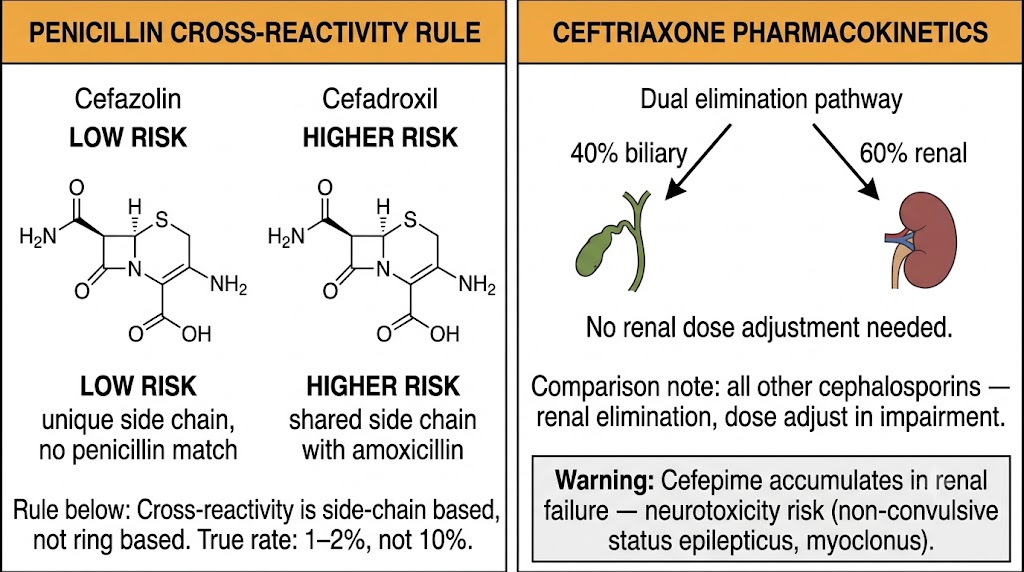 Two-panel diagram showing penicillin cross-reactivity rule (side-chain based, not ring based; cefazolin low risk, cefadroxil higher risk) and ceftriaxone dual biliary and renal elimination with cefepime neurotoxicity warning.