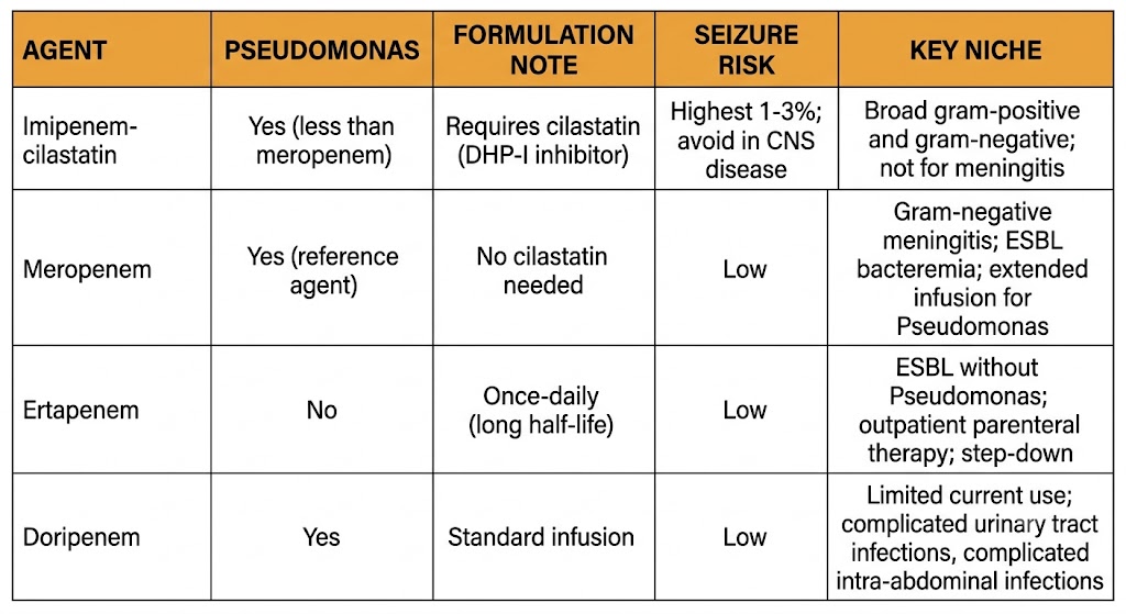 Comparison table of four carbapenems — imipenem-cilastatin, meropenem, ertapenem, and doripenem — showing Pseudomonas coverage, formulation notes, seizure risk, and key clinical niche.