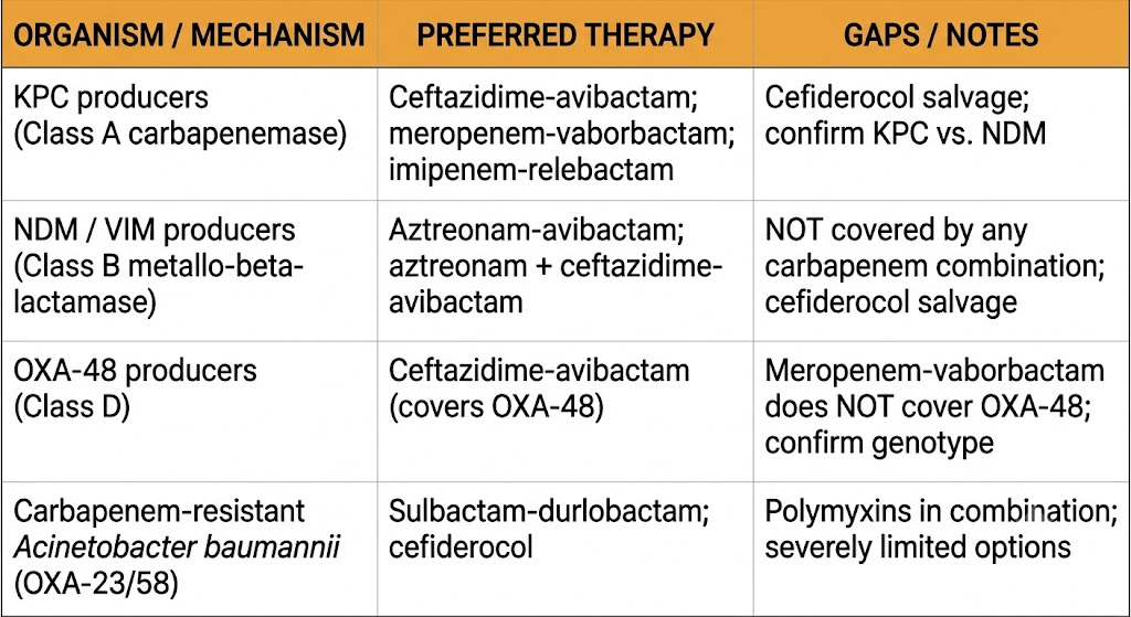 Reference table matching carbapenem-resistant organism type (KPC, NDM/VIM, OXA-48, carbapenem-resistant Acinetobacter baumannii) to preferred therapy and coverage gaps.