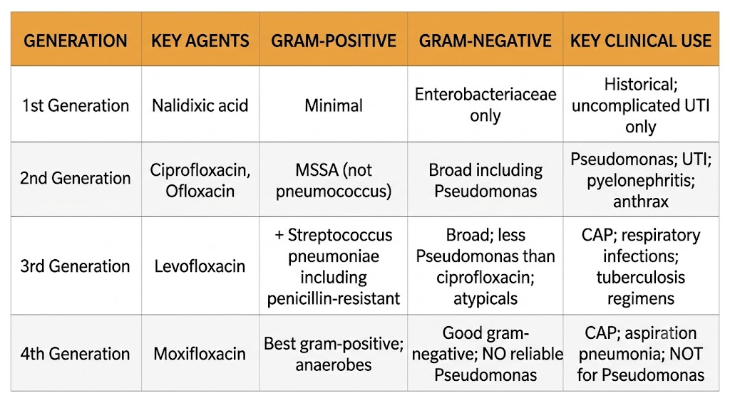 Reference table comparing fluoroquinolone generations 1 through 4 by key agents, gram-positive coverage, gram-negative coverage, and primary clinical use, highlighting that moxifloxacin lacks reliable Pseudomonas activity.