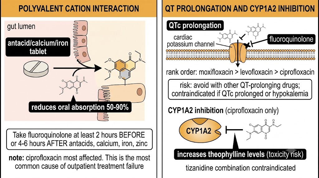Two-panel diagram: polyvalent cation chelation reducing fluoroquinolone oral absorption 50-90% with timing rule, and QTc prolongation via cardiac potassium channel blockade plus CYP1A2 inhibition by ciprofloxacin increasing theophylline levels.