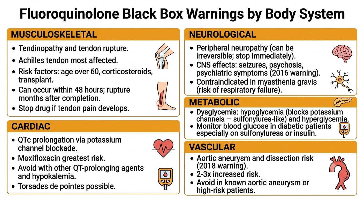 Five-system summary of fluoroquinolone black box warnings: musculoskeletal (tendinopathy/rupture), neurological (irreversible neuropathy, CNS effects, myasthenia gravis contraindication), cardiac (QTc prolongation), metabolic (dysglycemia), and vascular (aortic dissection risk).