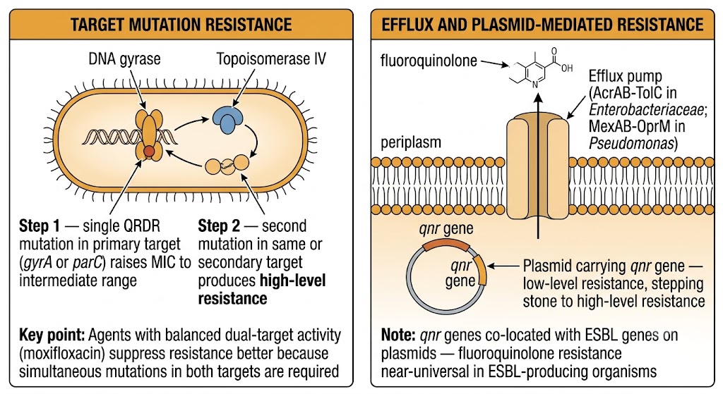 Two-panel resistance diagram: stepwise QRDR mutations in DNA gyrase and topoisomerase IV producing high-level resistance (left), and efflux pump extrusion plus plasmid qnr genes co-located with ESBL genes causing near-universal fluoroquinolone resistance in ESBL-producing organisms (right).