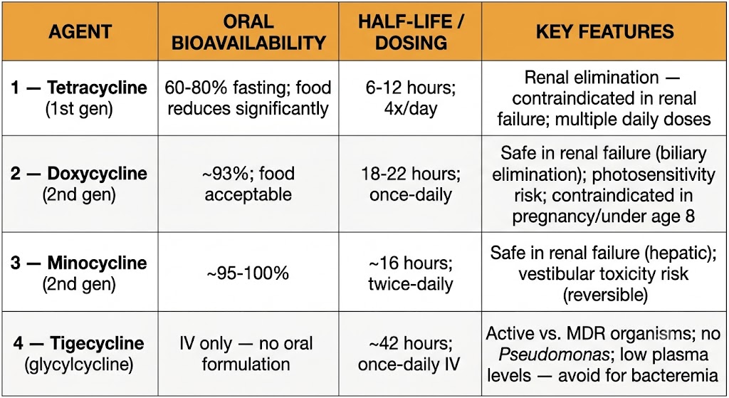 Reference table comparing tetracycline generations by oral bioavailability, half-life and dosing frequency, renal failure safety, and key features including tigecycline gaps (no Pseudomonas, avoid for bacteremia).