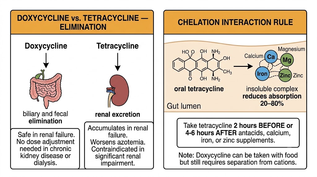 Two-panel diagram: doxycycline biliary elimination (safe in renal failure) versus tetracycline renal excretion (contraindicated in renal failure), and polyvalent cation chelation interaction with timing management rule.