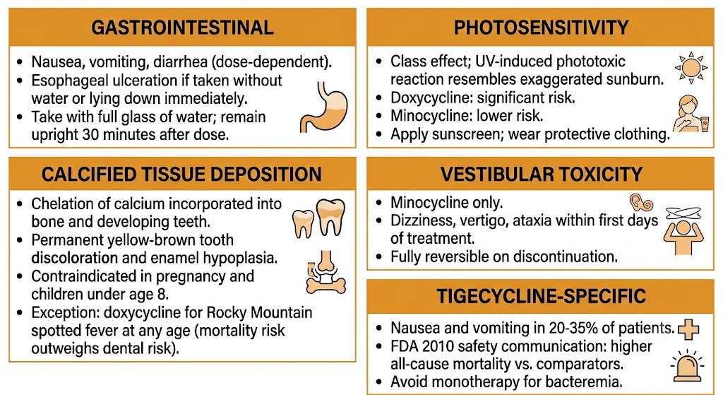 Five-section adverse effect summary: gastrointestinal effects and esophageal ulceration, photosensitivity, calcified tissue deposition with pregnancy and pediatric contraindication (Rocky Mountain spotted fever exception), vestibular toxicity (minocycline only, reversible), and tigecycline FDA mortality warning.