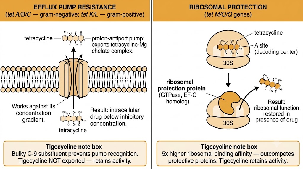 Two-panel resistance diagram: efflux pump (tet A/B/C gram-negative, tet K/L gram-positive) exporting tetracycline-Mg chelate complex against concentration gradient (left), and ribosomal protection proteins (tet M/O/Q GTPase) dislodging drug from 30S A site (right), with tigecycline overcoming both mechanisms.