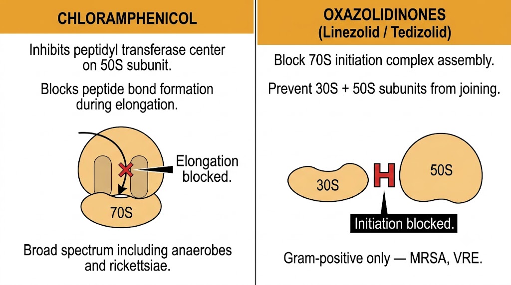 Two-panel diagram comparing chloramphenicol (blocks peptidyl transferase during elongation on the 70S ribosome) and oxazolidinones (block 30S and 50S subunits from joining to form the 70S initiation complex).