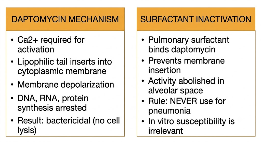 Two-panel diagram: left panel shows daptomycin mechanism (Ca2+ activation, membrane insertion, depolarization, bactericidal); right panel shows surfactant inactivation (pulmonary surfactant binds daptomycin, activity abolished, never use for pneumonia).