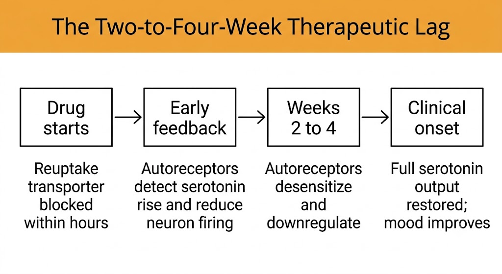 Flow diagram showing four sequential stages of antidepressant action: drug starts with transporter blockade, early autoreceptor feedback reduces serotonin output, autoreceptors desensitize over weeks 2 to 4, and clinical onset occurs when full serotonin output is restored.