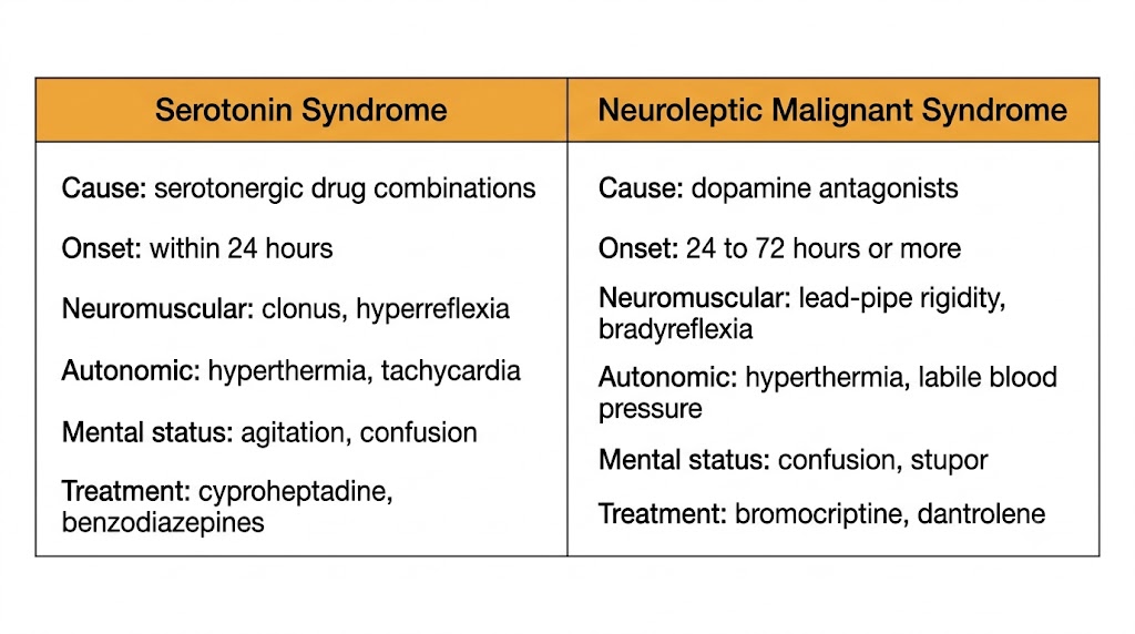 Two-panel comparison table distinguishing serotonin syndrome from neuroleptic malignant syndrome by cause, onset, neuromuscular findings, autonomic features, mental status, and treatment.