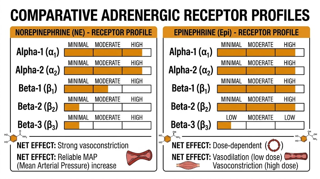 Side-by-side comparison of norepinephrine and epinephrine receptor activity profiles showing norepinephrine as predominantly alpha with modest beta-1 and minimal beta-2, versus epinephrine as full alpha and beta agonist with high beta-2 activity.