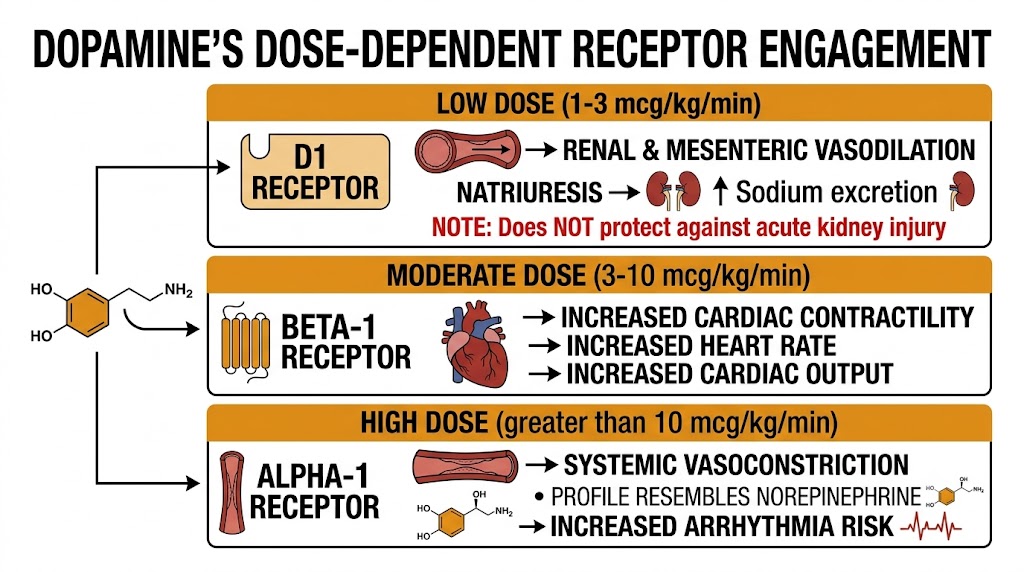 Three-tier diagram of dopamine dose-dependent receptor engagement showing D1 activation at low doses producing renal vasodilation, beta-1 activation at moderate doses increasing cardiac output, and alpha-1 activation at high doses producing vasoconstriction.