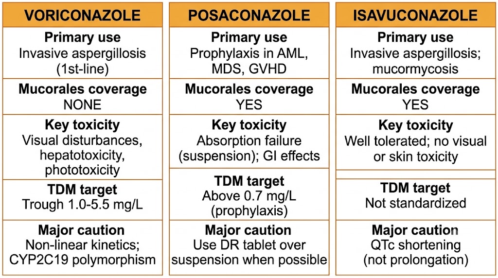 Three-panel comparison of voriconazole, posaconazole, and isavuconazole across five rows: primary use, Mucorales coverage (voriconazole none; posaconazole and isavuconazole yes), key toxicity, TDM target, and major caution.