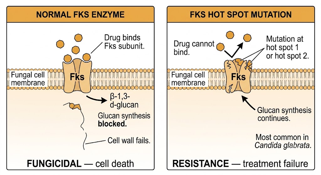 Two-panel mechanism diagram showing FKS glucan synthase resistance. Left panel shows normal Fks enzyme with echinocandin drug binding to the Fks subunit, blocking beta-1,3-d-glucan synthesis causing cell wall failure and fungicidal cell death. Right panel shows FKS hot spot mutation where the drug cannot bind, glucan synthesis continues, and resistance results in treatment failure. Most common in Candida glabrata.