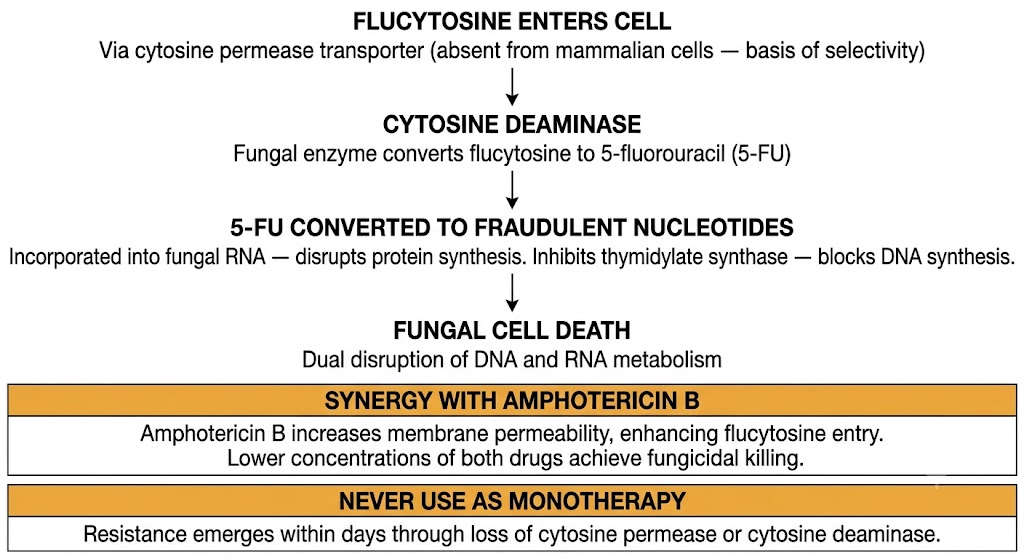 Vertical flow diagram showing flucytosine mechanism: drug enters fungal cell via cytosine permease; fungal cytosine deaminase converts it to 5-fluorouracil; 5-FU is incorporated into RNA disrupting protein synthesis and inhibits thymidylate synthase blocking DNA synthesis; leading to fungal cell death. Two boxes below show synergy with amphotericin B and a warning never to use flucytosine as monotherapy.