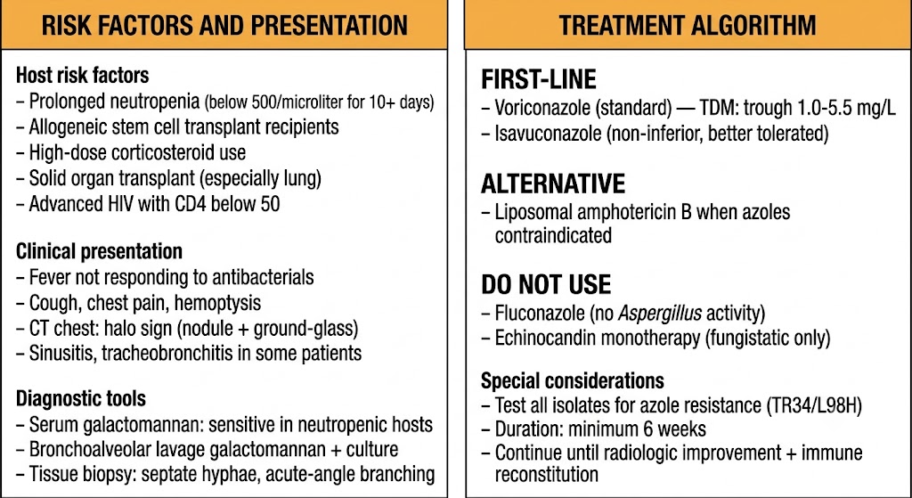 Two-panel diagram for invasive aspergillosis. Left panel lists host risk factors including prolonged neutropenia, allogeneic stem cell transplant, high-dose corticosteroids, solid organ transplant, and advanced HIV, along with clinical presentation features and diagnostic tools including serum galactomannan, bronchoalveolar lavage, and tissue biopsy showing septate hyphae. Right panel shows treatment algorithm with voriconazole and isavuconazole as first-line agents, liposomal amphotericin B as alternative, and a do-not-use list excluding fluconazole and echinocandin monotherapy, plus special considerations including azole resistance testing.