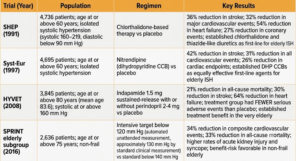 Reference table showing four landmark elderly hypertension trials — SHEP, Syst-Eur, HYVET, and SPRINT elderly subgroup — with population, regimen, and key results for each.