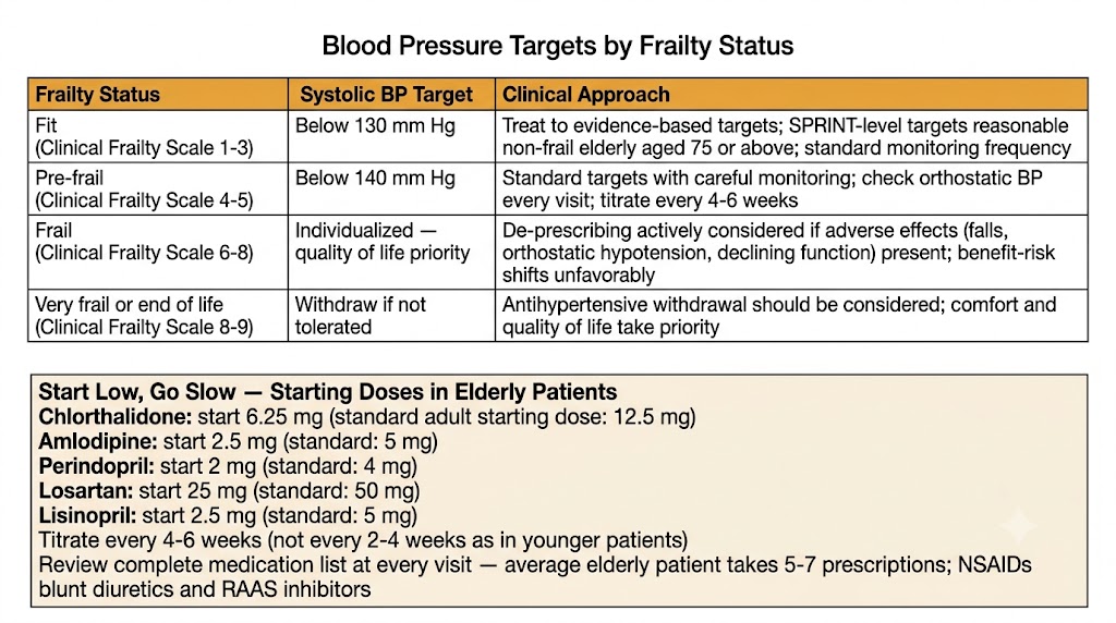 Two-section diagram showing blood pressure targets by frailty status in the upper table and start-low-go-slow starting doses for five antihypertensive agents in the lower box.