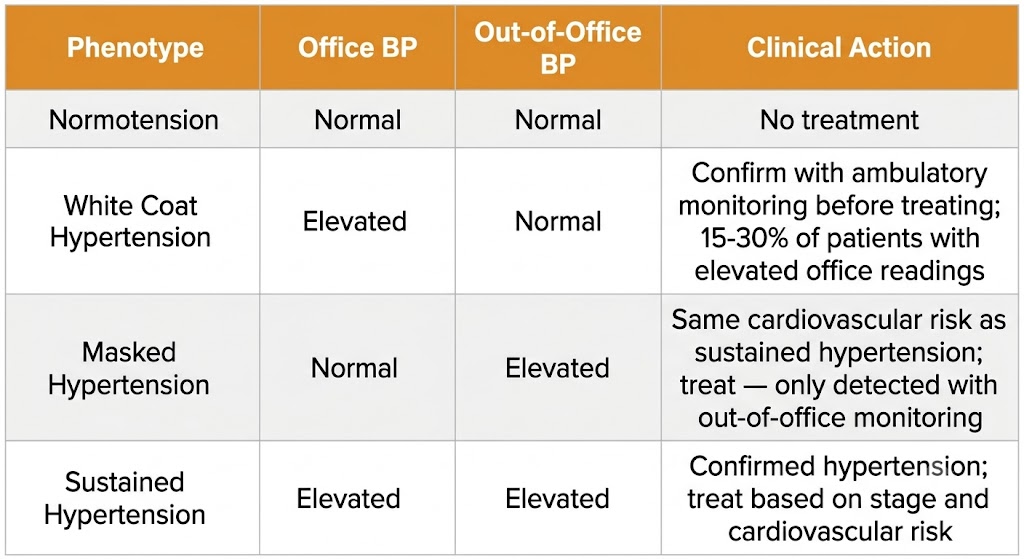 Reference table showing the four blood pressure phenotypes — normotension, white coat hypertension, masked hypertension, and sustained hypertension — with office BP, out-of-office BP, and recommended clinical action for each.