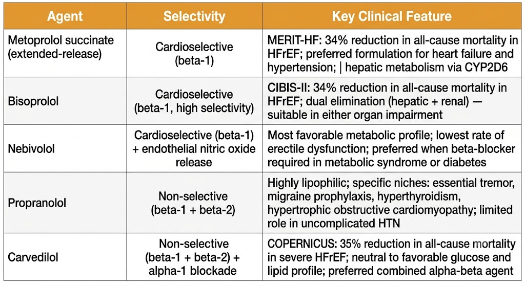 Reference table comparing five beta-blocker agents — metoprolol, bisoprolol, nebivolol, propranolol, and carvedilol — with columns for selectivity and key clinical feature including landmark trial results.