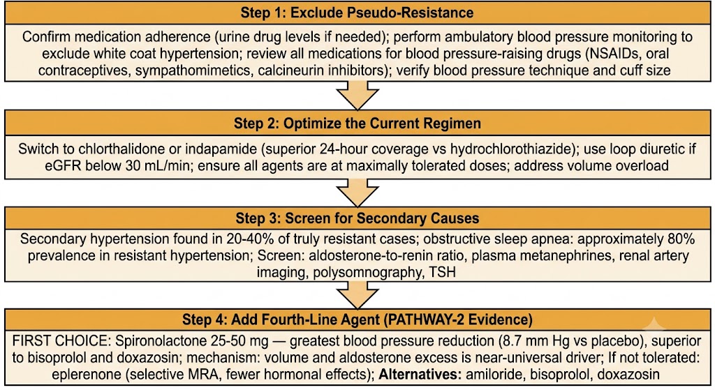 Four-step flow diagram for evaluating resistant hypertension: Step 1 exclude pseudo-resistance, Step 2 optimize regimen, Step 3 screen for secondary causes, Step 4 add fourth-line agent with PATHWAY-2 evidence supporting spironolactone.