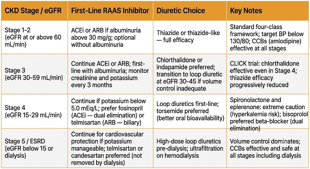 Reference table showing antihypertensive drug selection across four chronic kidney disease stages, with columns for stage and eGFR, first-line RAAS inhibitor use, diuretic choice, and key clinical notes.
