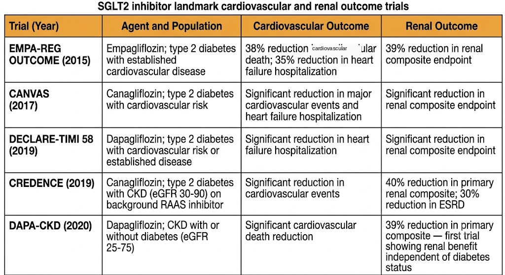 Reference table showing five SGLT2 inhibitor landmark trials — EMPA-REG OUTCOME, CANVAS, DECLARE-TIMI 58, CREDENCE, and DAPA-CKD — with agent, population, cardiovascular outcome, and renal outcome for each.
