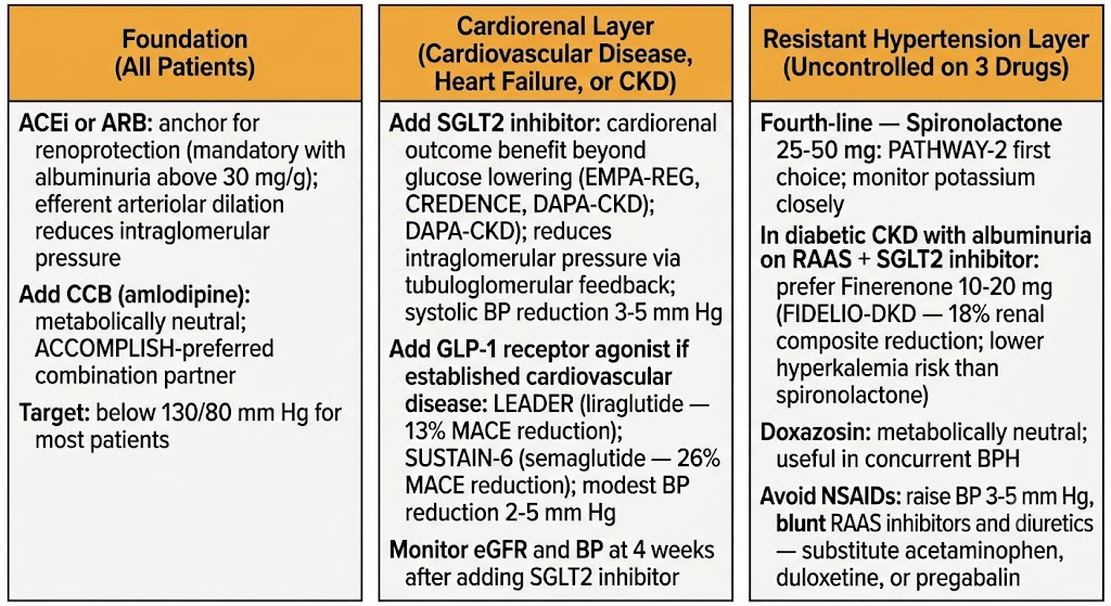 Three-panel diagram showing the integrated cardiorenal management framework for type 2 diabetic hypertension: foundation layer with RAAS inhibitor and CCB, cardiorenal layer adding SGLT2 inhibitor and GLP-1 receptor agonist, and resistant hypertension layer with fourth-line agent selection.