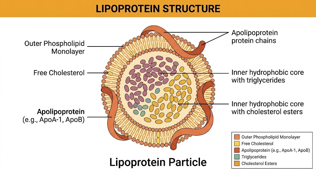 Diagram showing the cross-sectional structure of a lipoprotein particle with labeled phospholipid shell, free cholesterol, apolipoprotein protein chains, triglyceride core, and cholesterol ester core.