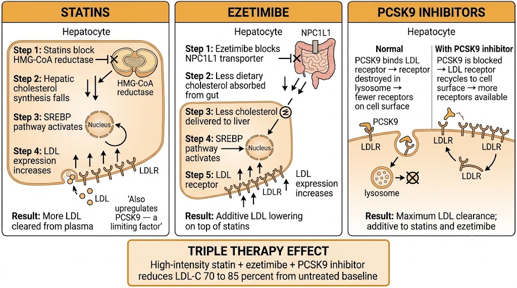 Three-panel mechanism diagram showing statins blocking HMG-CoA reductase to upregulate the LDL receptor via the SREBP pathway, ezetimibe blocking the NPC1L1 intestinal transporter to also upregulate the LDL receptor, and PCSK9 inhibitors preventing PCSK9-mediated LDL receptor degradation to maximize receptor recycling, with a shared triple therapy box showing 70 to 85 percent LDL reduction.