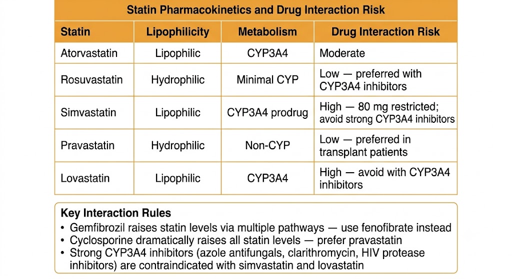Reference table comparing five statins by lipophilicity, metabolic pathway, and drug interaction risk, with a warning box summarizing key high-risk drug combinations including gemfibrozil, cyclosporine, and strong CYP3A4 inhibitors.