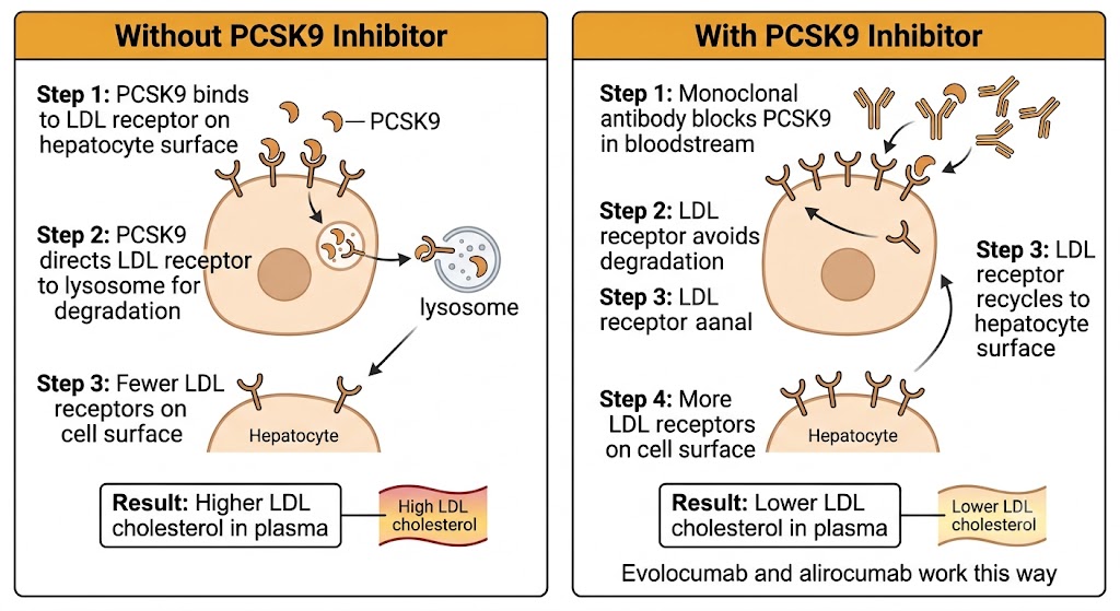 Two-panel comparison diagram showing PCSK9 activity without inhibitor on the left (PCSK9 binds LDL receptor, directs it to lysosomal degradation, fewer receptors on cell surface, higher LDL in plasma) and with PCSK9 inhibitor on the right (monoclonal antibody blocks PCSK9, LDL receptor avoids degradation and recycles to hepatocyte surface, more receptors available, lower LDL in plasma).