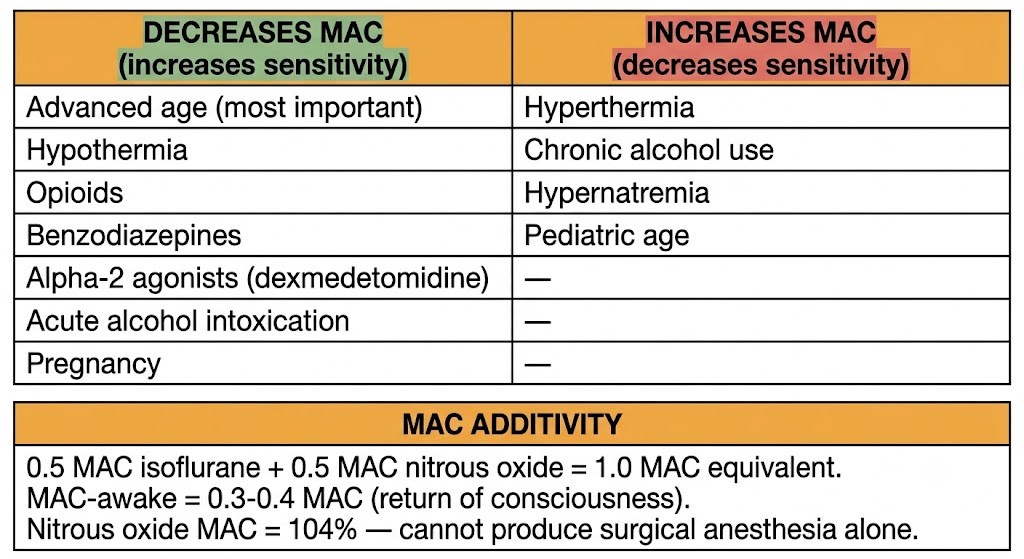 Two-column table of minimum alveolar concentration modifiers showing factors that decrease MAC on the left (advanced age, hypothermia, opioids, benzodiazepines, alpha-2 agonists, acute alcohol, pregnancy) and factors that increase MAC on the right (hyperthermia, chronic alcohol, hypernatremia, pediatric age), with a MAC additivity rule box below.