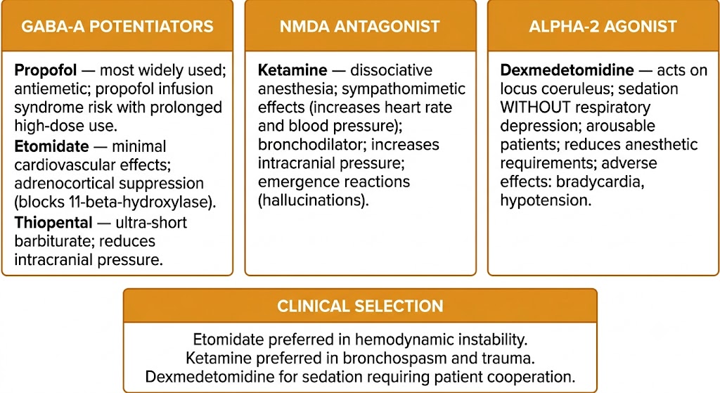 Three-panel diagram of intravenous anesthetic mechanisms: left panel shows GABA-A potentiators (propofol, etomidate, thiopental), center panel shows NMDA antagonist (ketamine) with dissociative anesthesia and sympathomimetic effects, right panel shows alpha-2 agonist (dexmedetomidine) with sedation without respiratory depression. A clinical selection box below summarizes preferred agents by clinical scenario.