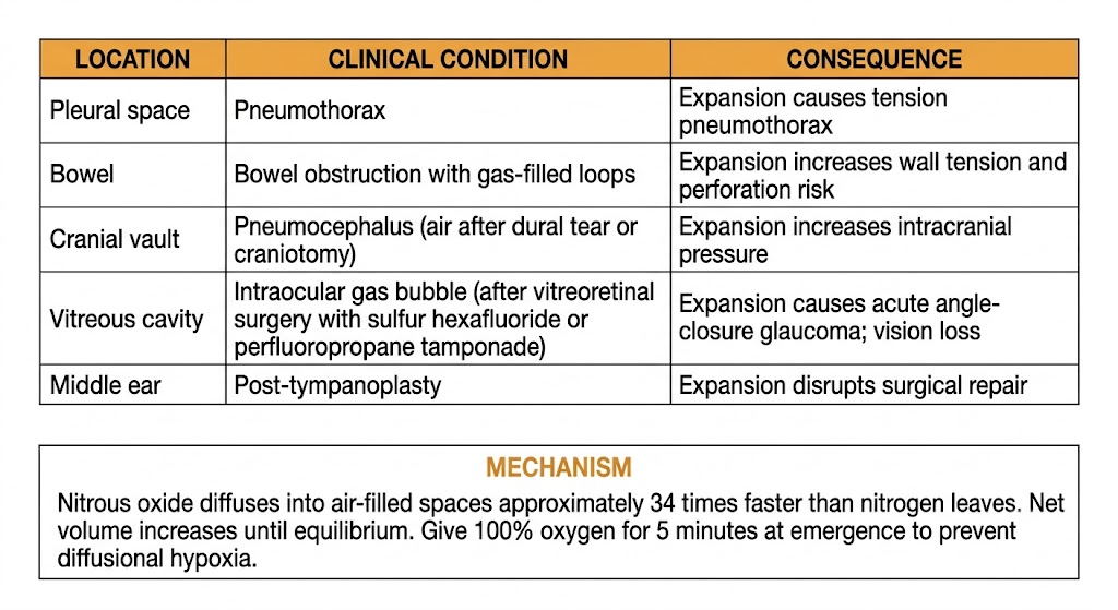 Three-column reference table of nitrous oxide contraindications due to air-filled space expansion, listing five locations (pleural space, bowel, cranial vault, vitreous cavity, middle ear) with the associated clinical conditions and consequences of nitrous oxide-induced expansion. A mechanism rule box below explains the 34-times-faster diffusion rate compared to nitrogen and advises 100% oxygen at emergence to prevent diffusional hypoxia.