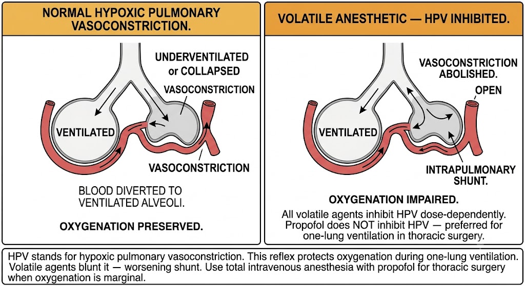 Two-panel diagram of hypoxic pulmonary vasoconstriction. Left panel shows normal reflex: vasoconstriction adjacent to an underventilated or collapsed alveolus diverts blood to the ventilated alveolus, preserving oxygenation. Right panel shows volatile anesthetic inhibition: vasoconstriction is abolished, blood flows to both alveoli including the underventilated one, creating intrapulmonary shunt and impairing oxygenation. Shared rule box states propofol does not inhibit hypoxic pulmonary vasoconstriction and is preferred for one-lung ventilation in thoracic surgery.
