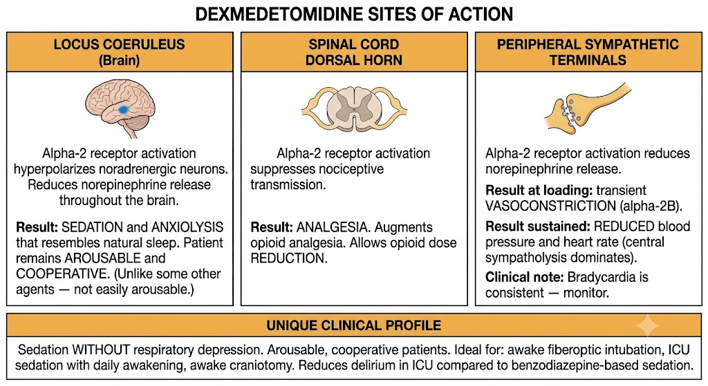 Three-panel diagram of dexmedetomidine sites of action. Left panel shows locus coeruleus: alpha-2 receptor activation hyperpolarizes noradrenergic neurons, reducing norepinephrine release and producing arousable sedation and anxiolysis resembling natural sleep. Center panel shows spinal cord dorsal horn: alpha-2 activation suppresses nociceptive transmission, producing analgesia and allowing opioid dose reduction. Right panel shows peripheral sympathetic terminals: transient vasoconstriction at loading via alpha-2B receptors followed by sustained blood pressure and heart rate reduction from central sympatholysis, with consistent bradycardia requiring monitoring. Shared rule box summarizes the unique clinical profile: sedation without respiratory depression, arousable cooperative patients, ideal for awake intubation and intensive care unit sedation.