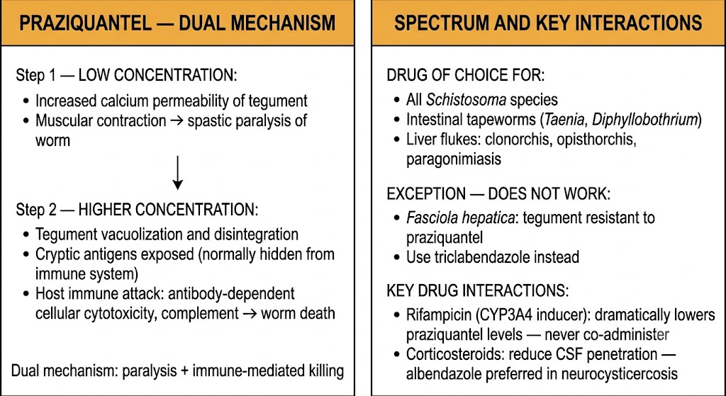 Two-panel diagram showing praziquantel dual mechanism (low concentration calcium influx causing spastic paralysis; higher concentration tegument disruption exposing cryptic antigens to host immune attack) and spectrum with Fasciola exception and key drug interactions.