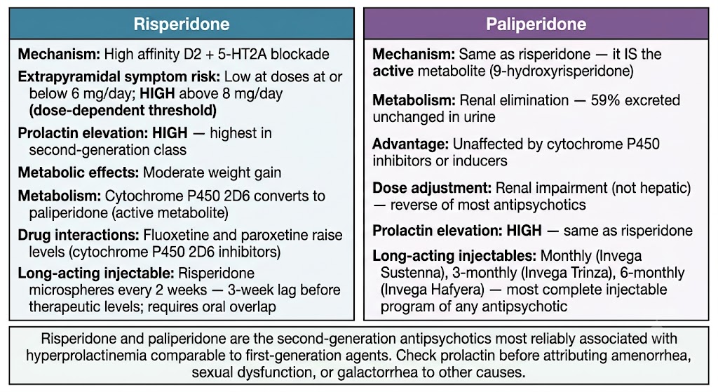 Two-panel comparison of risperidone and paliperidone showing risperidone has dose-dependent extrapyramidal symptom risk (low at or below 6 mg per day, high above 8 mg per day), high prolactin elevation, cytochrome P450 2D6 metabolism, and biweekly long-acting injectable with a 3-week lag; paliperidone has renal elimination unaffected by cytochrome P450 enzymes, equivalent prolactin elevation, and monthly, 3-monthly, and 6-monthly injectable formulations.